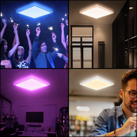 Collage of a square ceiling light fixture in various settings with people and colorful lighting.