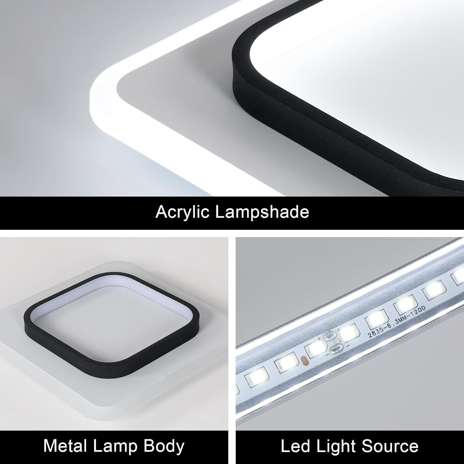 Collage of acrylic lampshade, metal lamp body, and LED light source on a gray background.