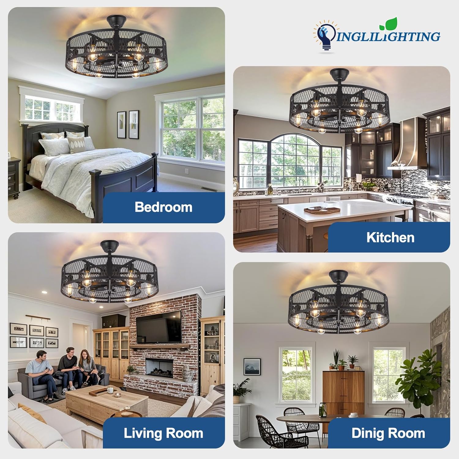 Collage of a ceiling fan in different rooms with Inglilighting logo.