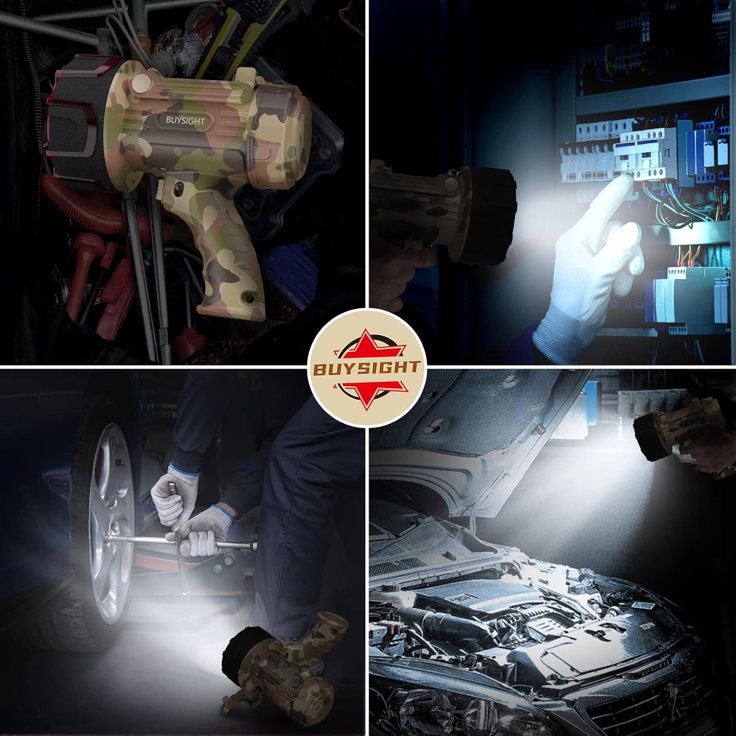 Collage of automotive repair tasks with a Buysight logo in the center.