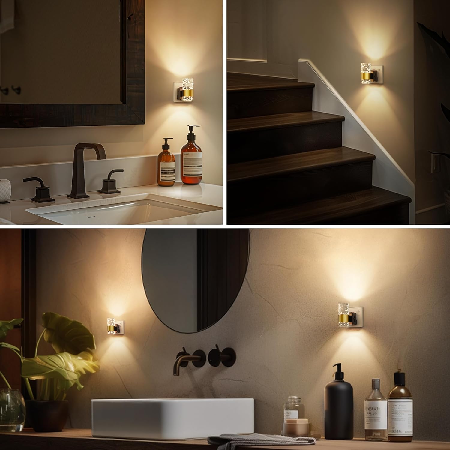 Collage of bathroom scenes with wall-mounted lights and products.