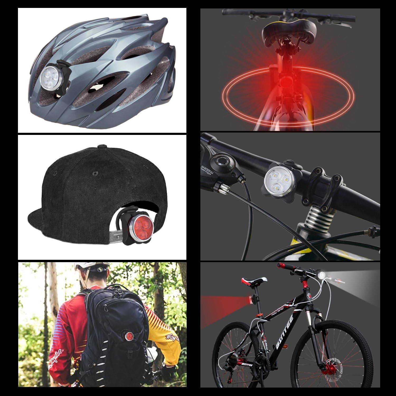 Collage of bicycle safety equipment including helmet, lights, and backpack.