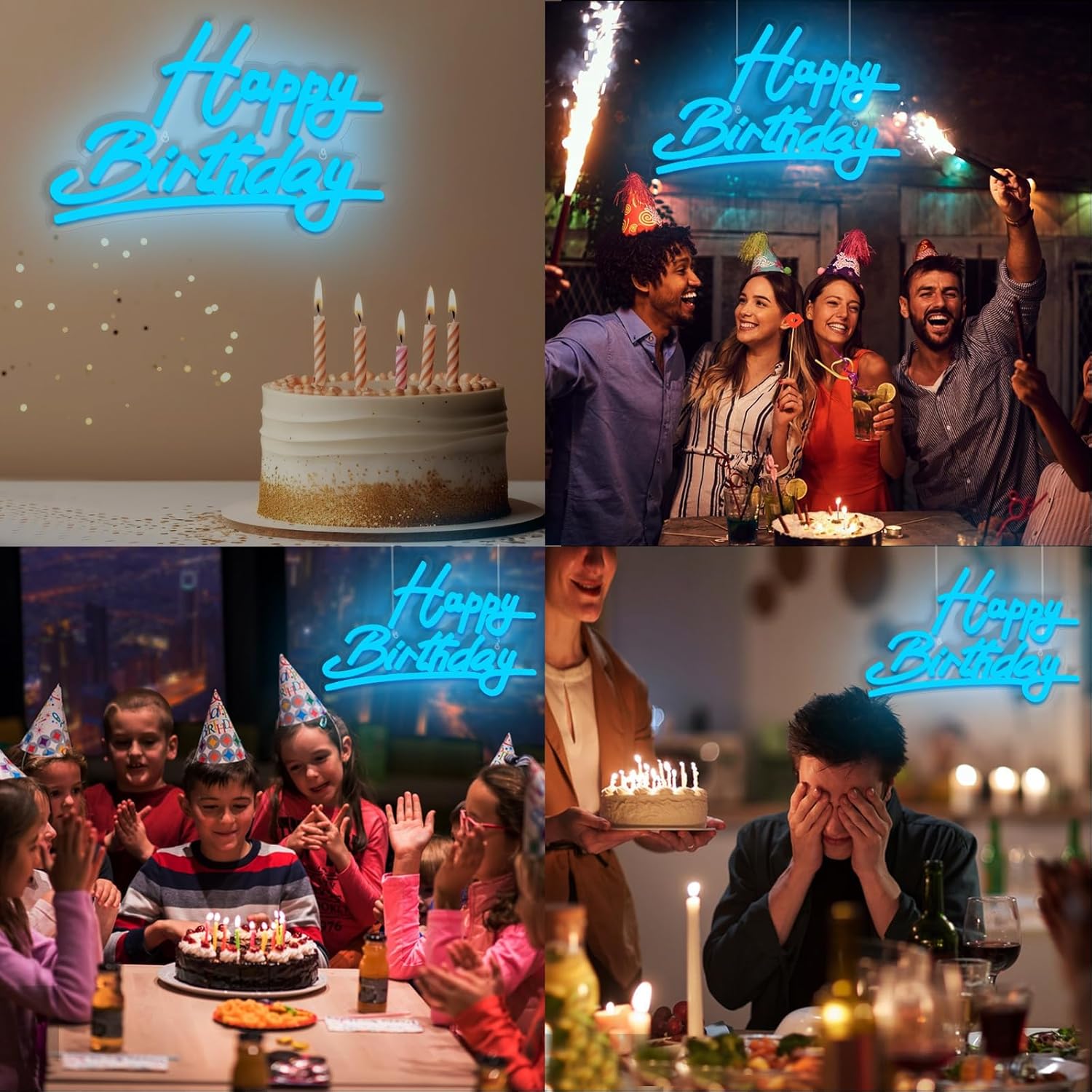 Collage of birthday celebrations with 'Happy Birthday' neon signs, cake, and people.