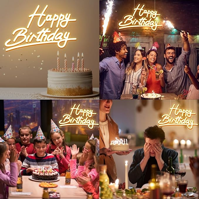Collage of birthday celebrations with 'Happy Birthday' signs, cake, and people.