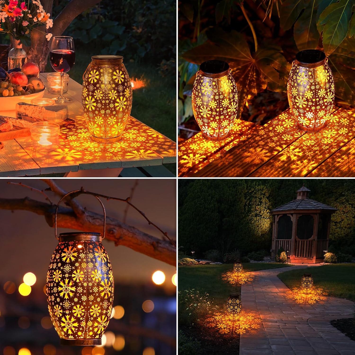 Collage of decorative lanterns in various settings, including a table, garden, and pathway.