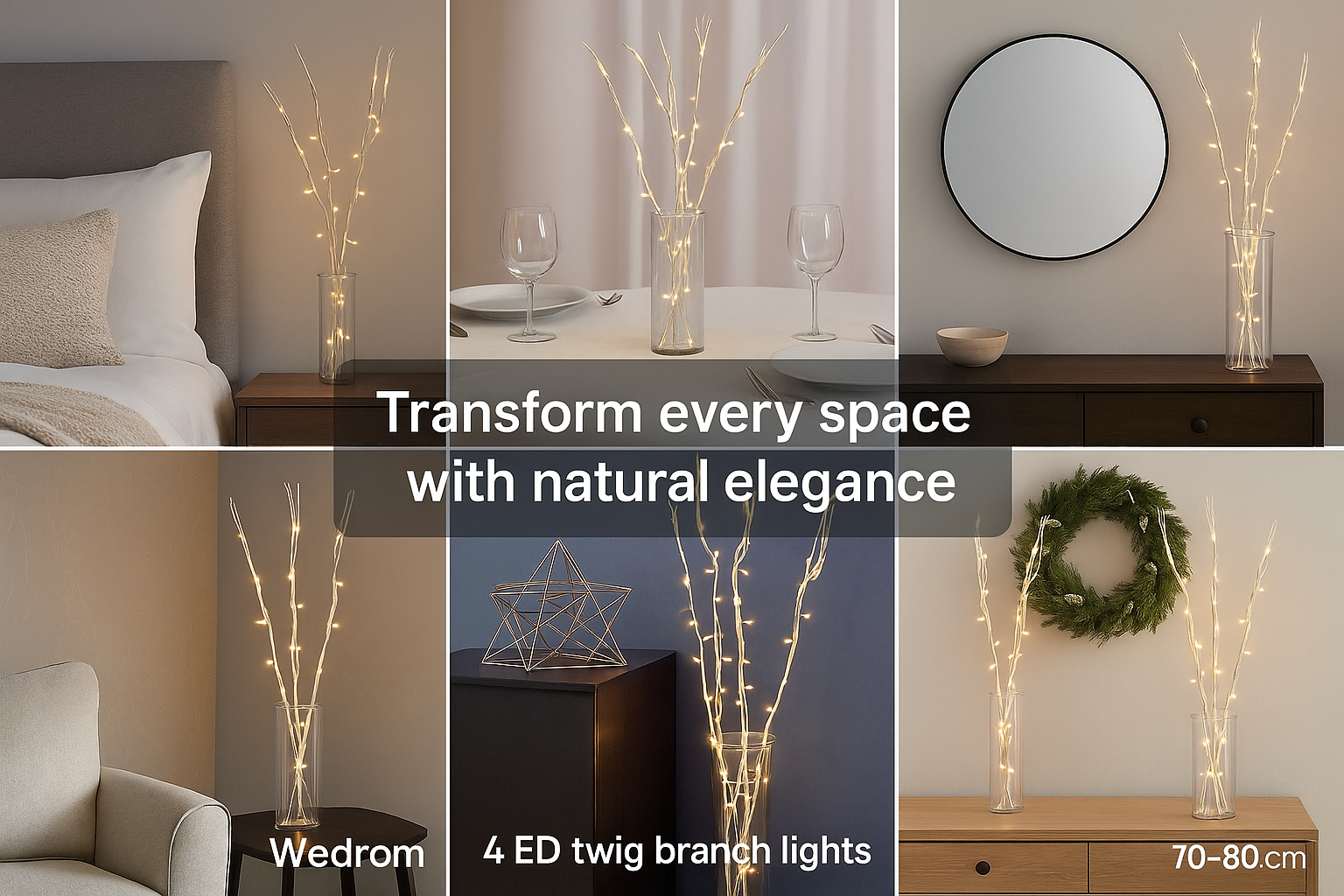 Collage of decorative twig branch lights in various settings with text overlay.