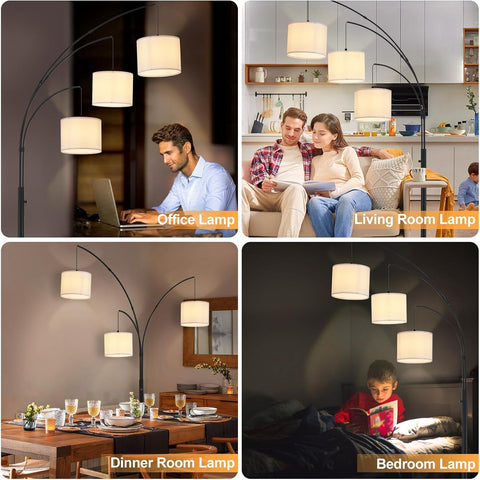 Collage of different lamps used in various rooms including office, living room, dinner room, and bedroom.