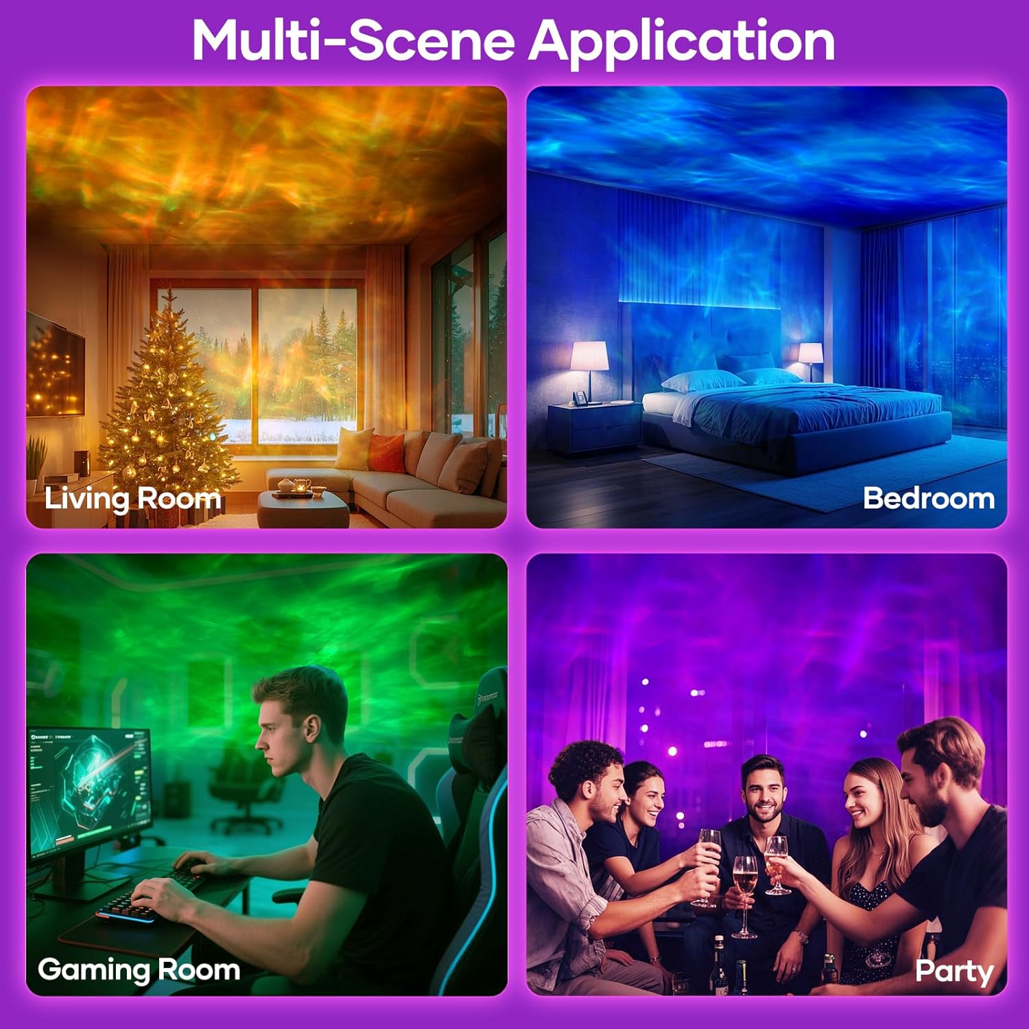 Collage of different room settings with colorful lighting: living room, bedroom, gaming room, and party scene.