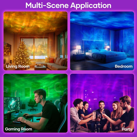 Collage of different room settings with colorful lighting: living room, bedroom, gaming room, and party scene.