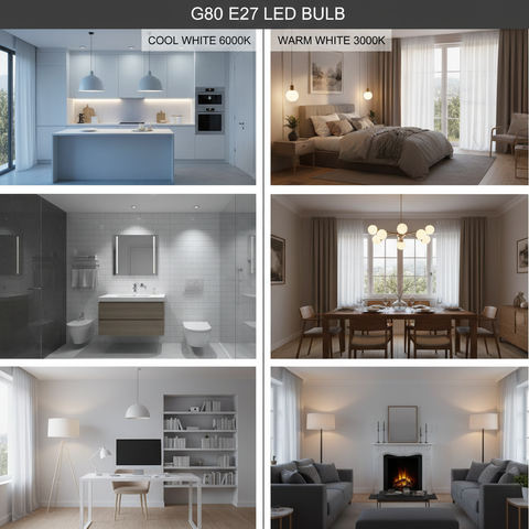 Collage of different rooms illuminated with G80 E27 LED bulbs showing cool white and warm white light.