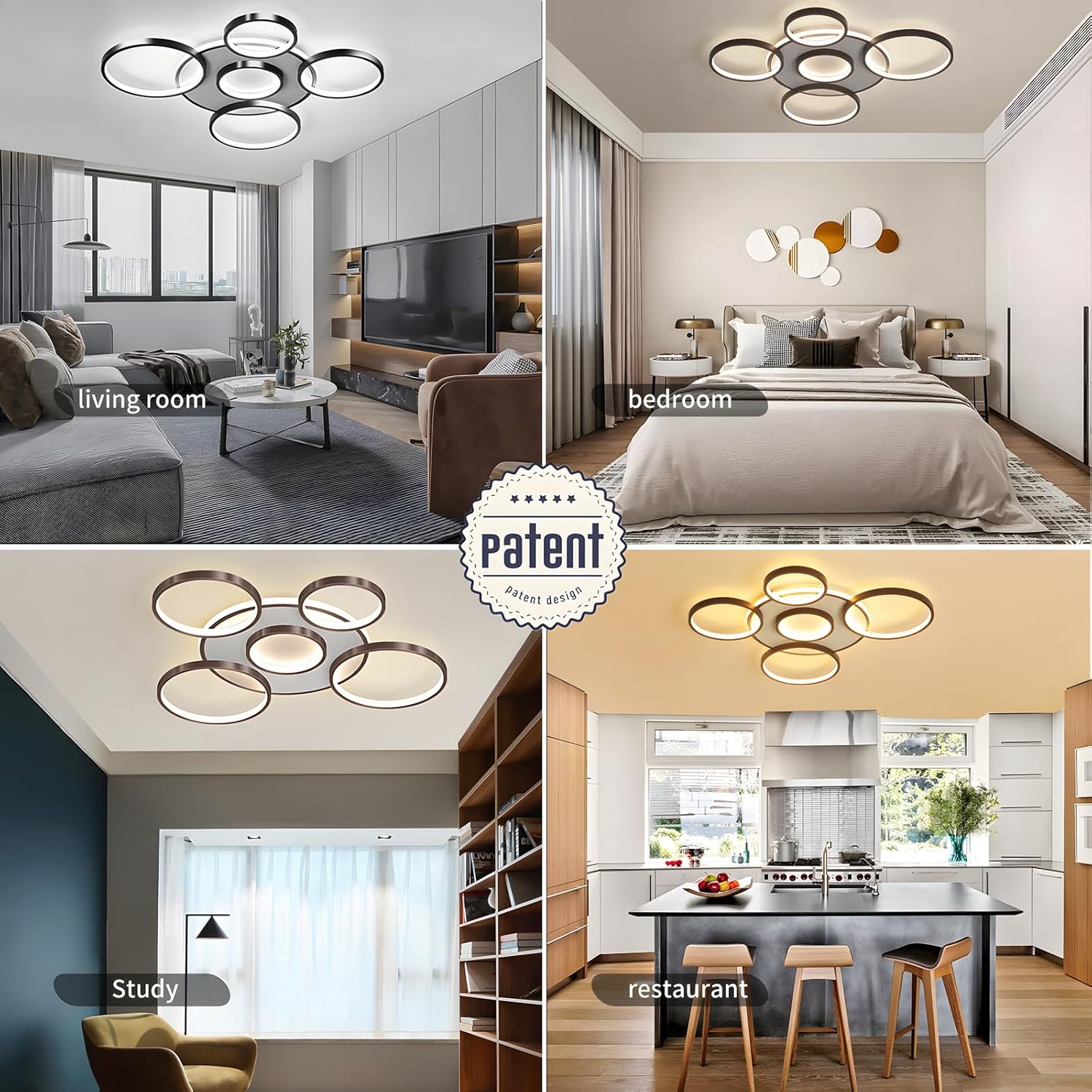 Collage of different rooms with a ceiling light fixture labeled 'Patent'.