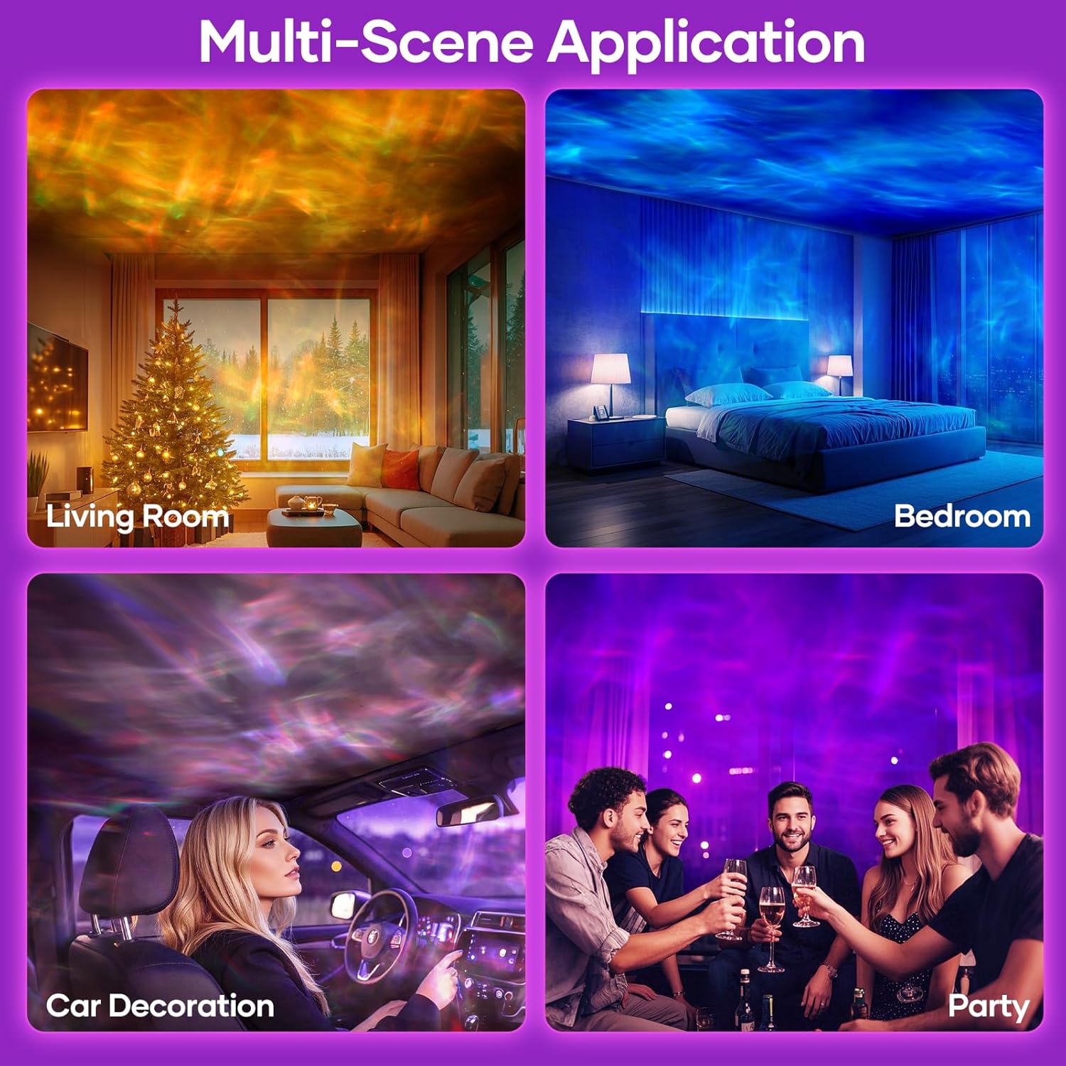 Collage of different scenes showing the multi-scene application of a product, including living room, bedroom, car interior, and party setting.