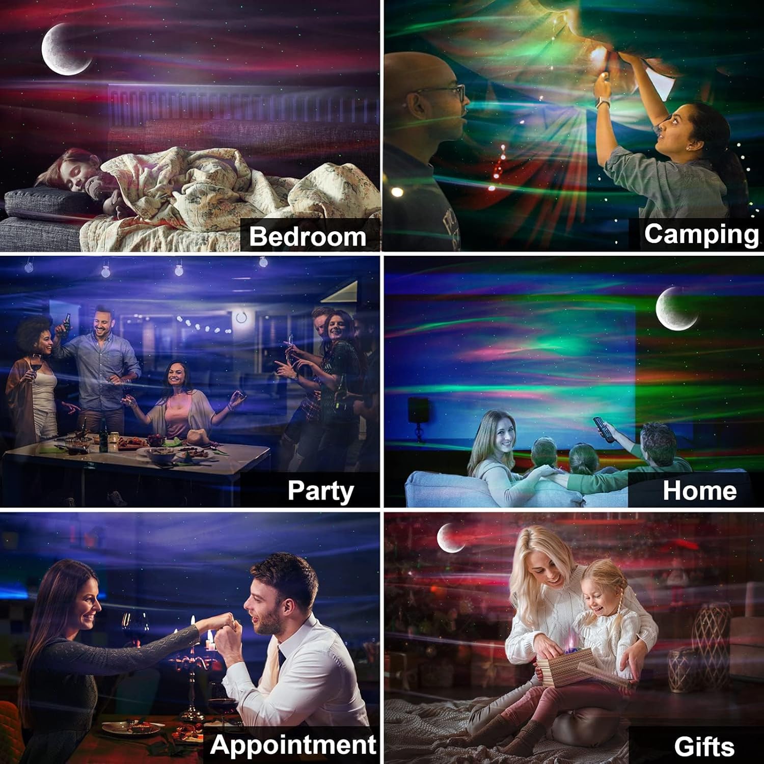 Collage of different settings using a starry night sky projection, including bedroom, camping, party, home, appointment, and gifts.