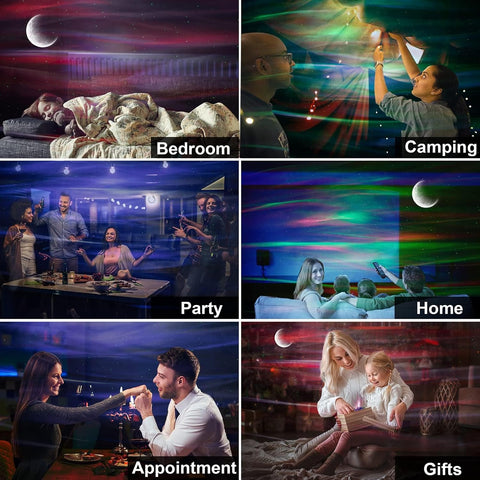 Collage of different settings using a starry night sky projection, including bedroom, camping, party, home, appointment, and gifts.