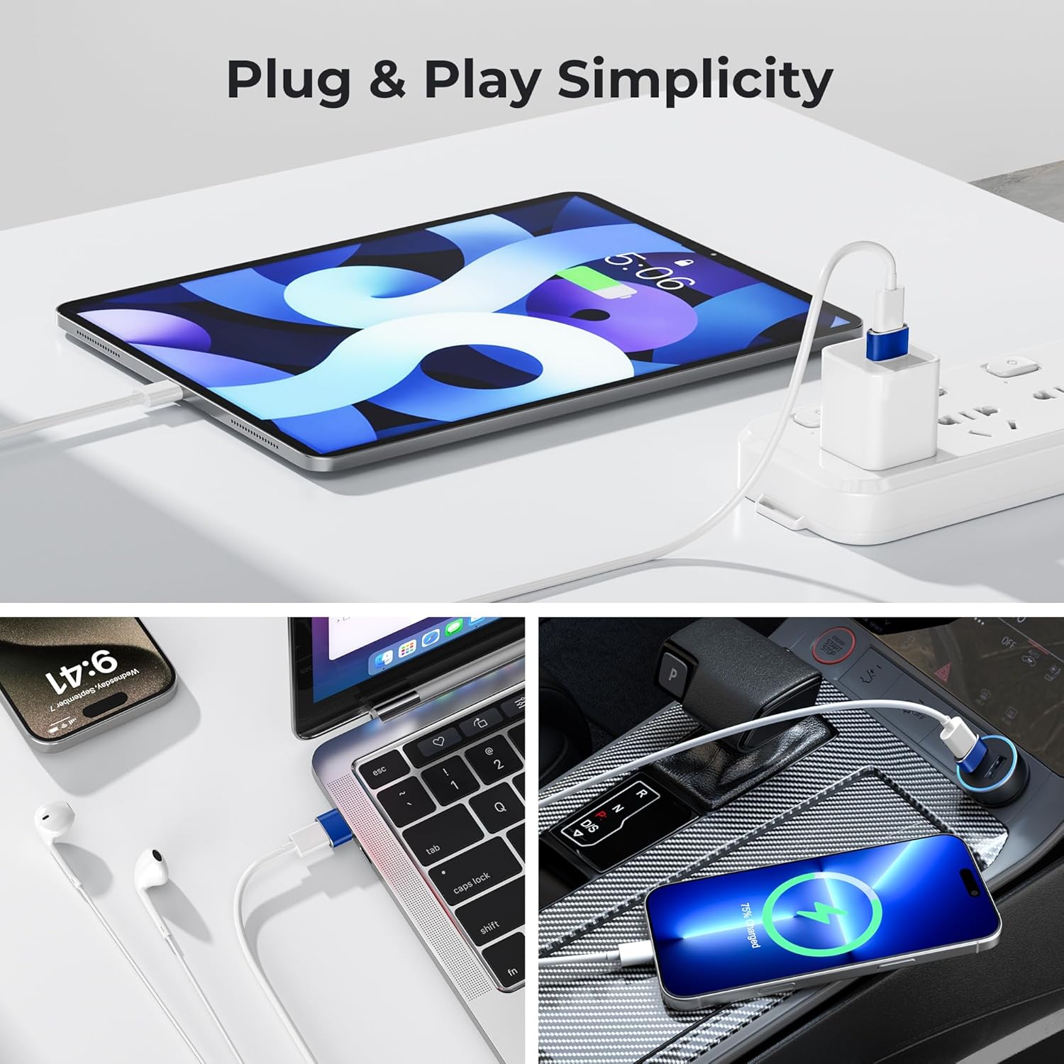 Collage of electronic devices being charged with text 'Plug & Play Simplicity'.
