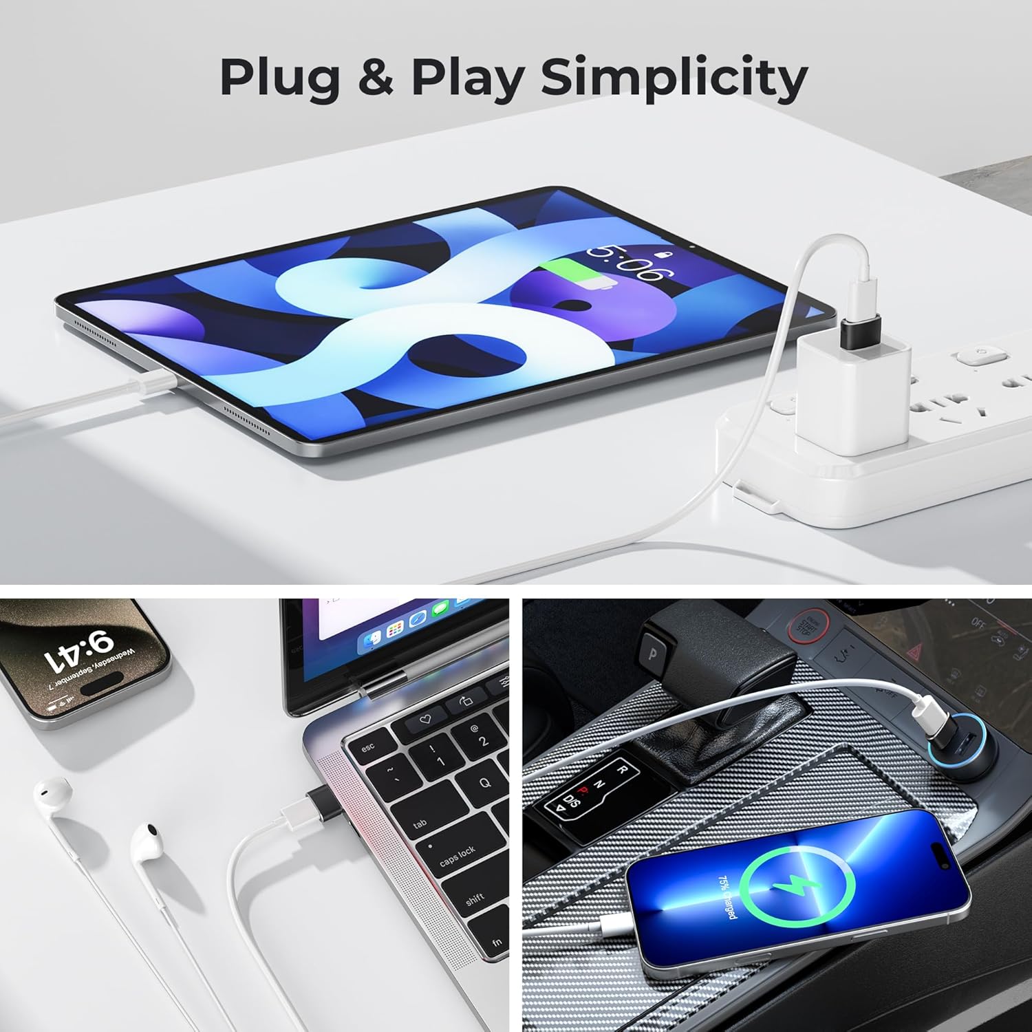 Collage of electronic devices with charging cables, emphasizing 'Plug & Play Simplicity'.