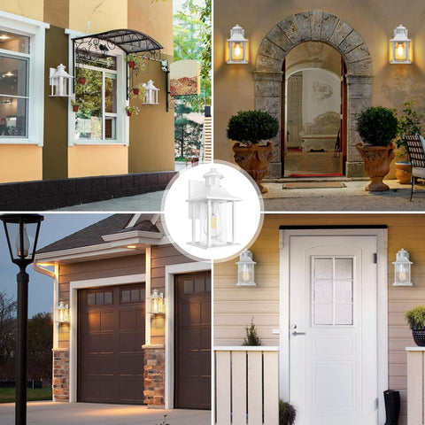 Collage of exterior home lighting fixtures on different architectural elements.