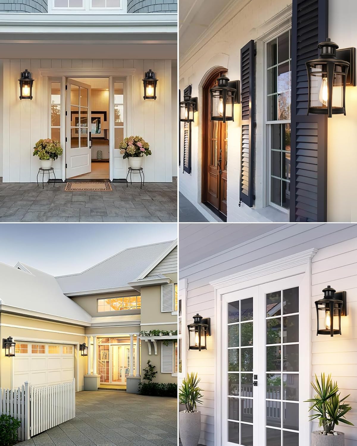 Collage of exterior home scenes with decorative wall lights and plants.