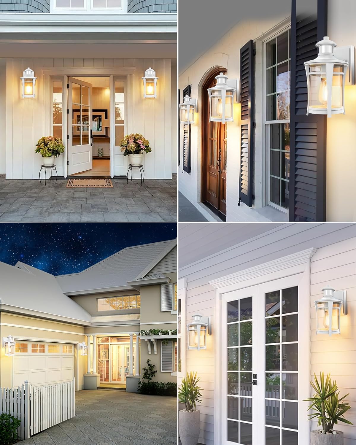 Collage of exterior home scenes with wall-mounted lights and decorative elements.