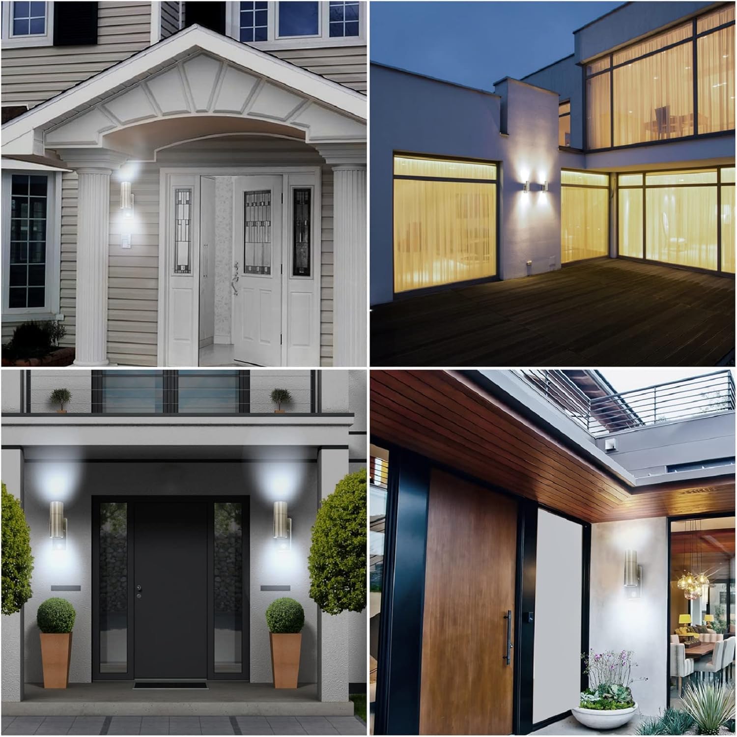 Collage of four different house exteriors with front doors and lighting fixtures.