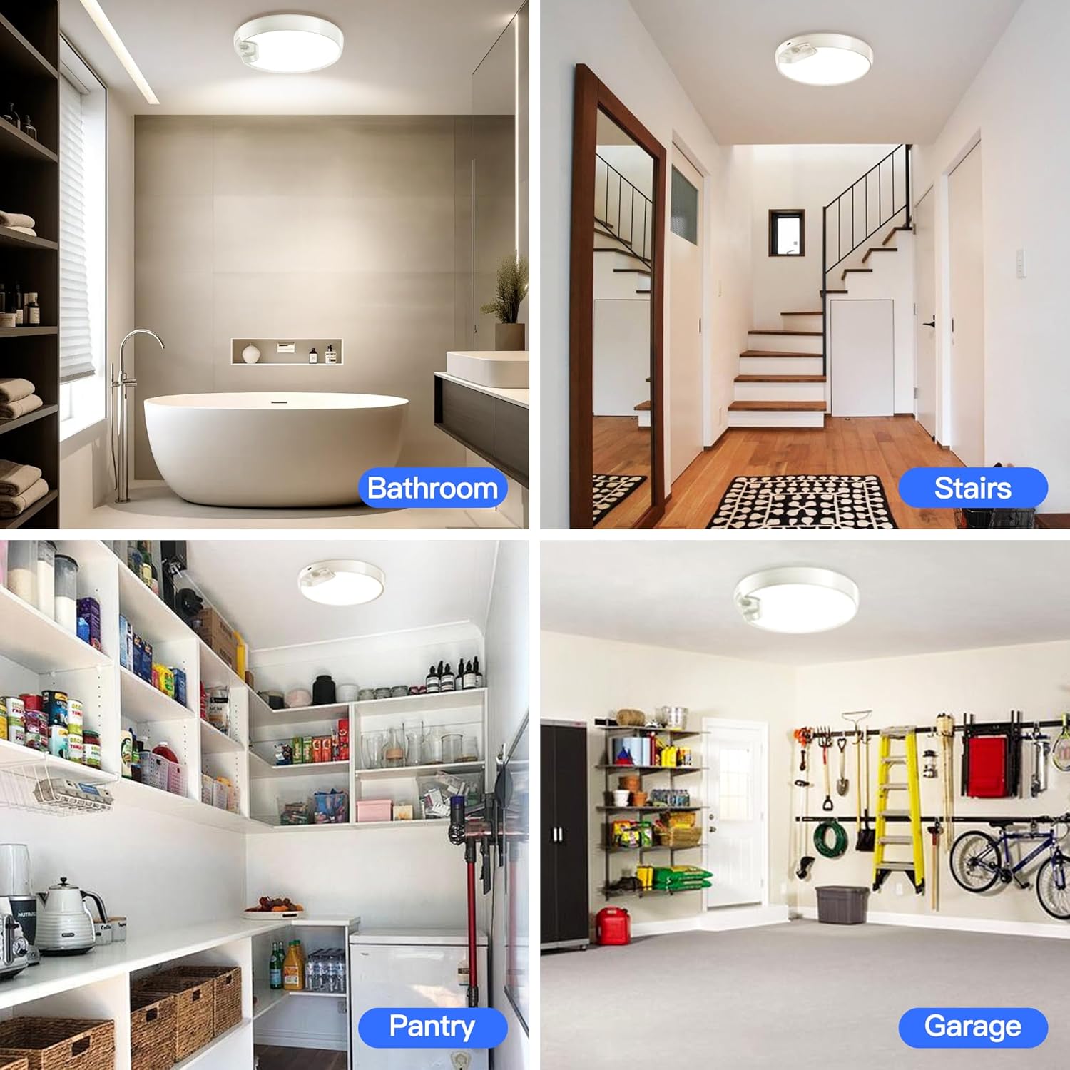 Collage of four different rooms: a bathroom, stairs, pantry, and garage.