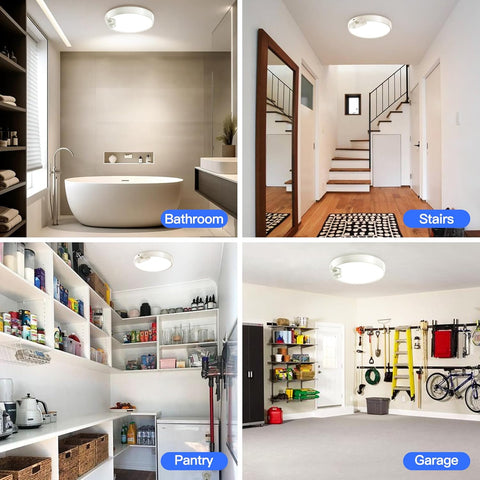 Collage of four different rooms: a bathroom, stairs, pantry, and garage.
