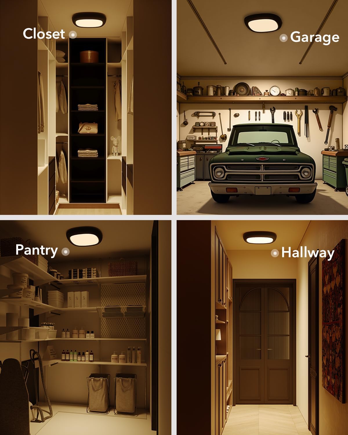 Collage of four different rooms labeled 'Closet', 'Garage', 'Pantry', and 'Hallway'.