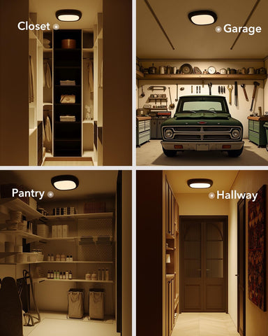 Collage of four different rooms labeled 'Closet', 'Garage', 'Pantry', and 'Hallway'.