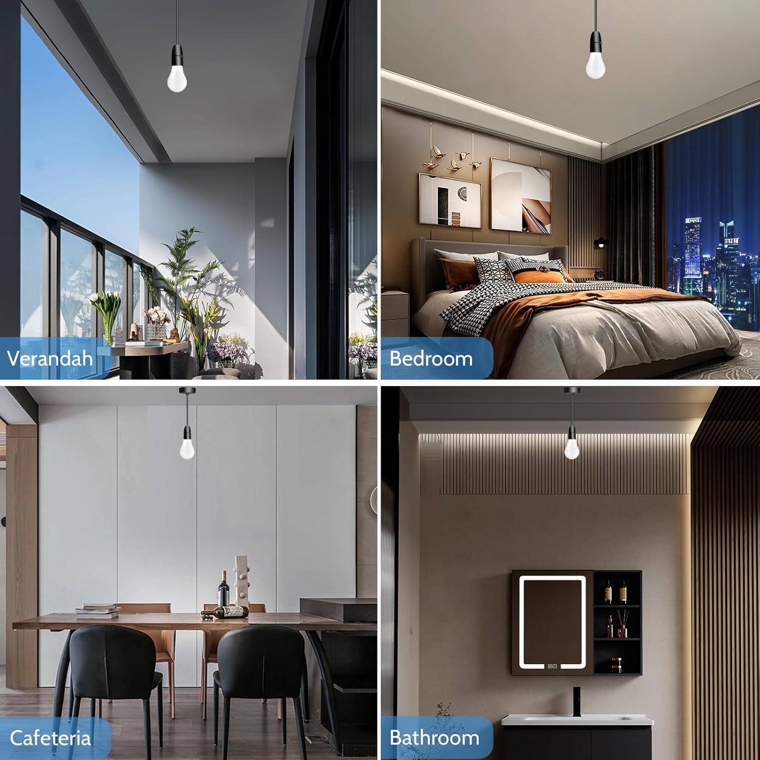 Collage of four different rooms: verandah, bedroom, cafeteria, and bathroom.