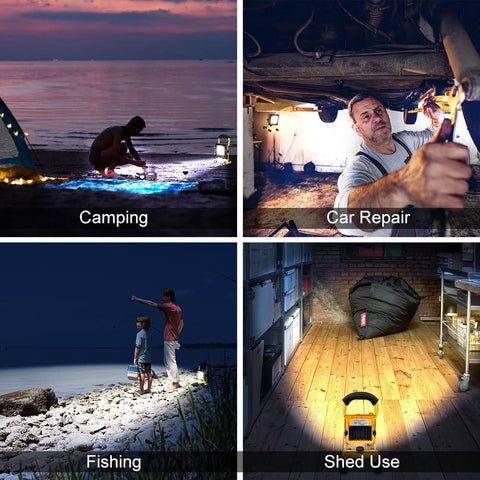 Collage of four images labeled 'Camping', 'Car Repair', 'Fishing', and 'Shed Use' with corresponding activities.
