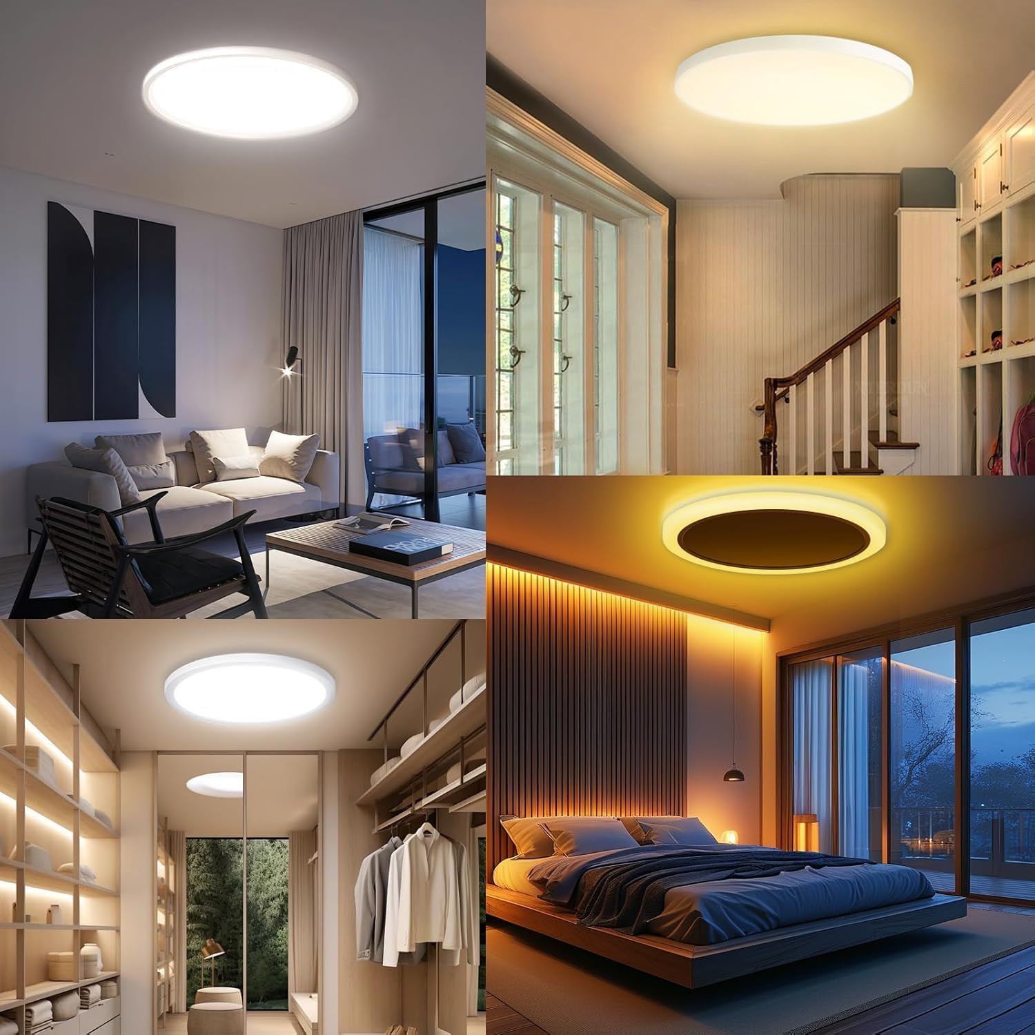 Collage of four images showing ceiling lights in different indoor settings.