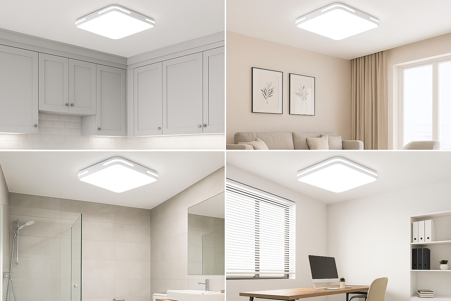 Collage of four images showing ceiling lights in different rooms.