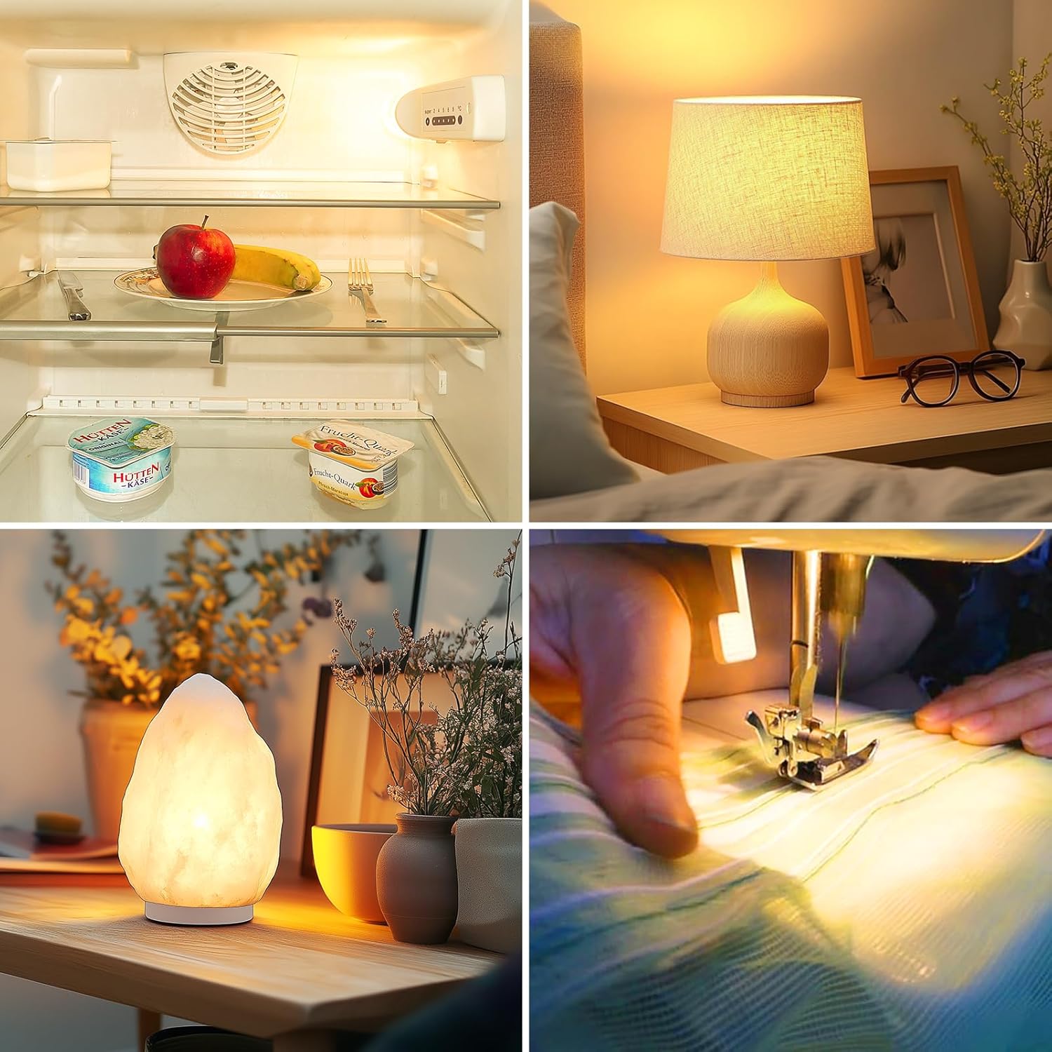 Collage of four images showing different uses of a lamp: in a refrigerator, on a nightstand, on a table with plants, and being used for sewing.