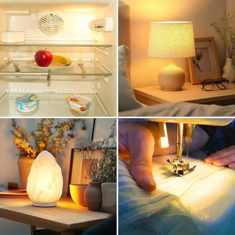 Collage of four images showing different uses of a lamp: in a refrigerator, on a nightstand, on a table with plants, and being used for sewing.