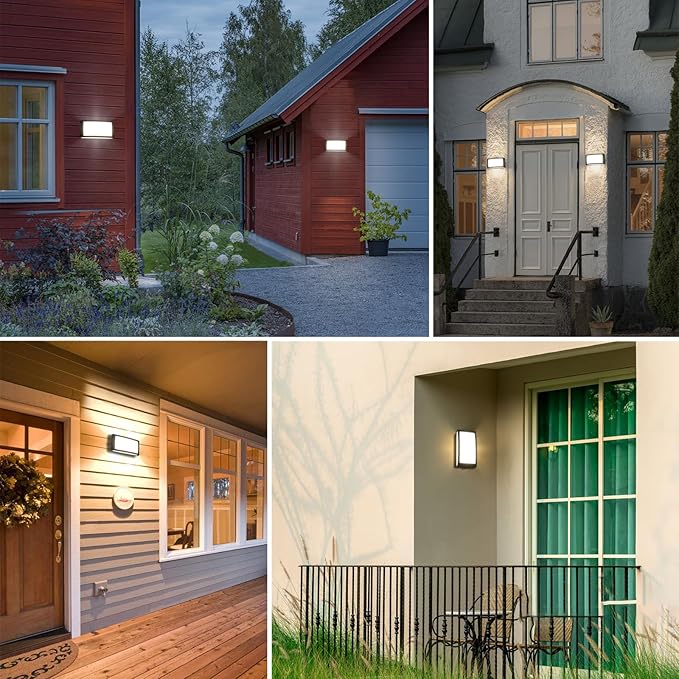 Collage of four images showing exterior home lighting fixtures on different houses.