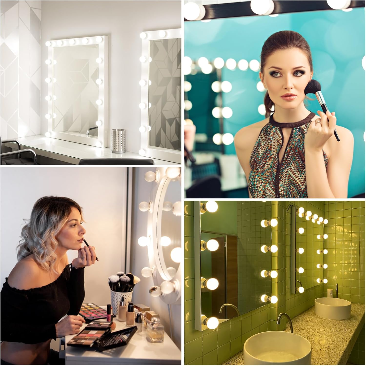 Collage of four images showing vanity mirrors with lights in different settings.