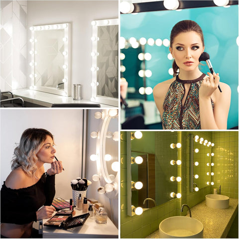 Collage of four images showing vanity mirrors with lights in different settings.