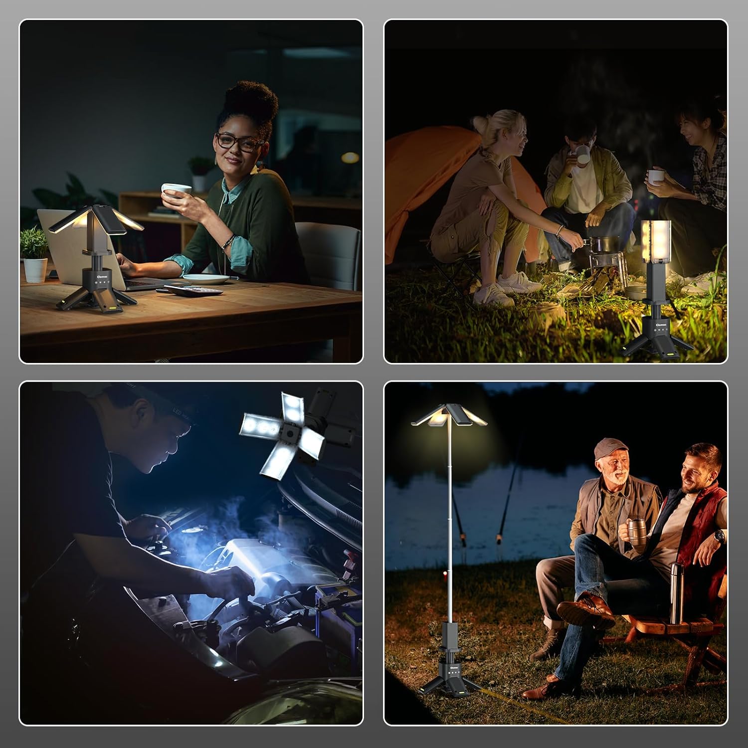 Collage of four scenes showing different uses of a portable light source: at a desk, outdoors by a campfire, underwater, and for outdoor sitting.