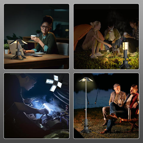 Collage of four scenes showing different uses of a portable light source: at a desk, outdoors by a campfire, underwater, and for outdoor sitting.