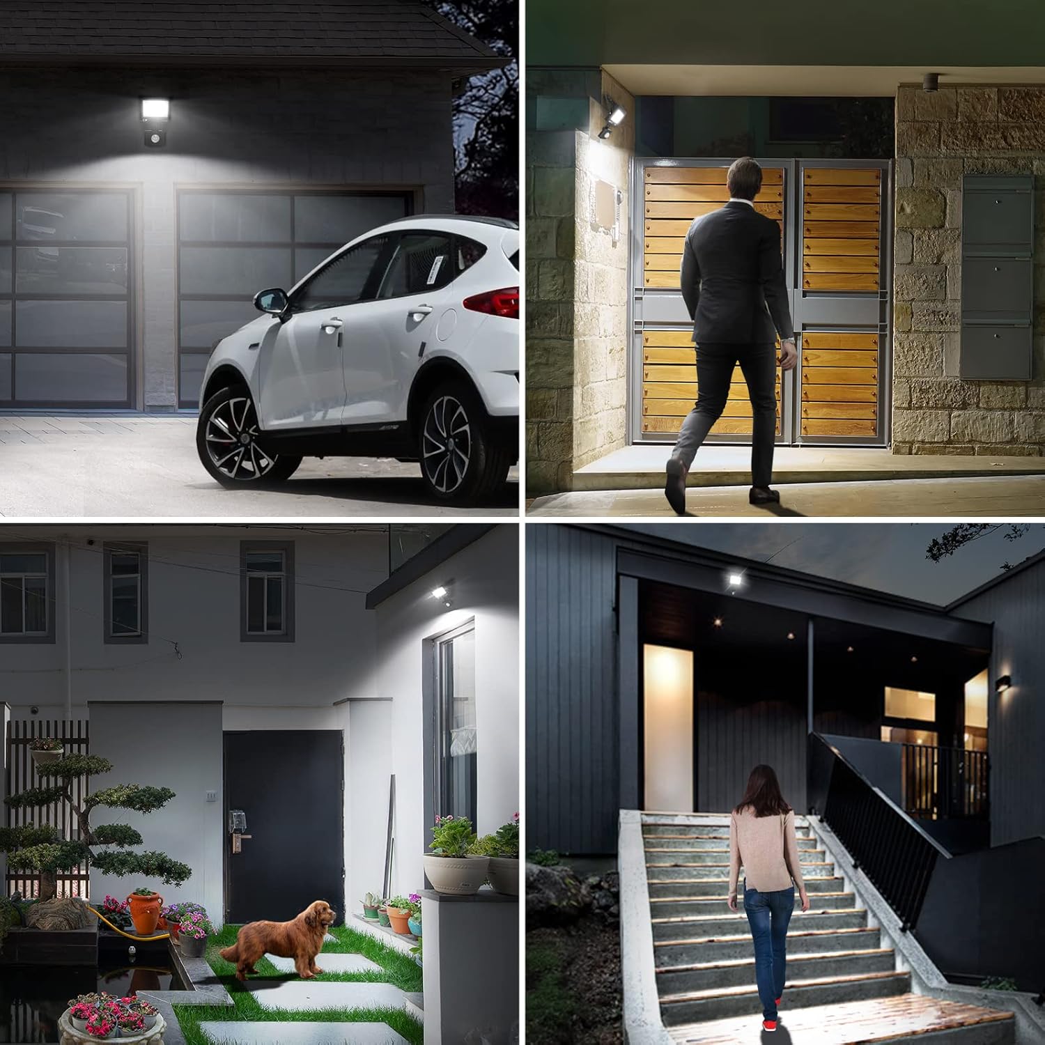 Collage of four scenes showing outdoor lighting solutions: a car in a garage, a person entering a house, a dog on a lawn, and a woman walking up stairs.