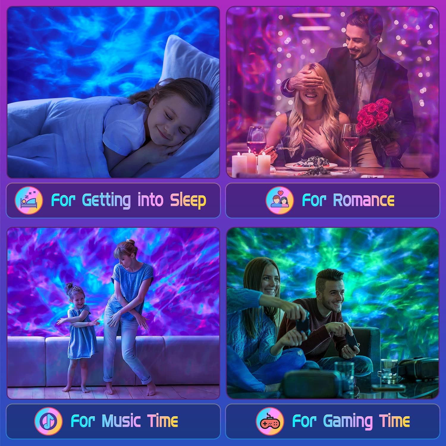 Collage of four scenes with text labels for different activities: 'For Getting into Sleep', 'For Romance', 'For Music Time', and 'For Gaming Time'.