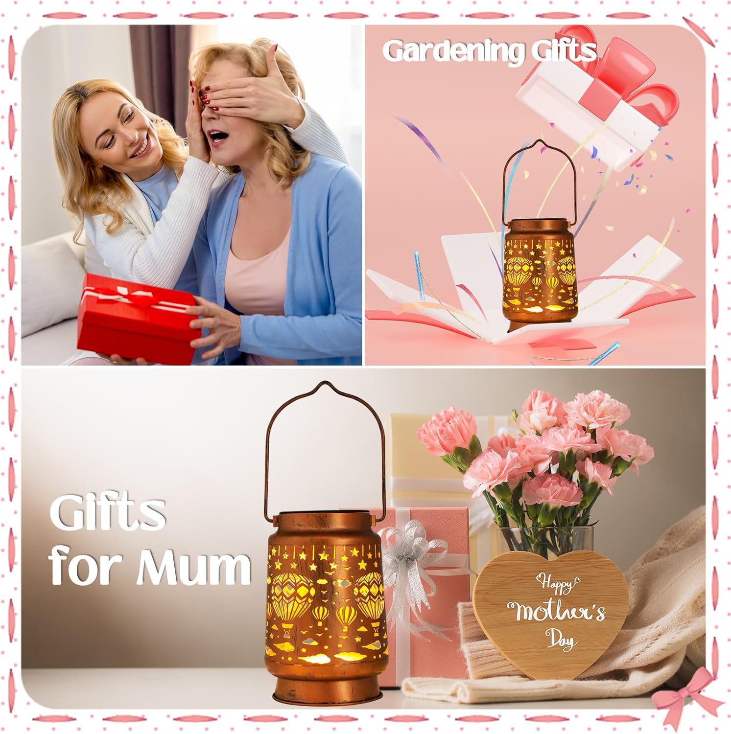Collage of gift ideas for Mother's Day with lanterns and flowers.