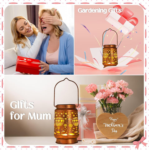Collage of gift ideas for Mother's Day with lanterns and flowers.