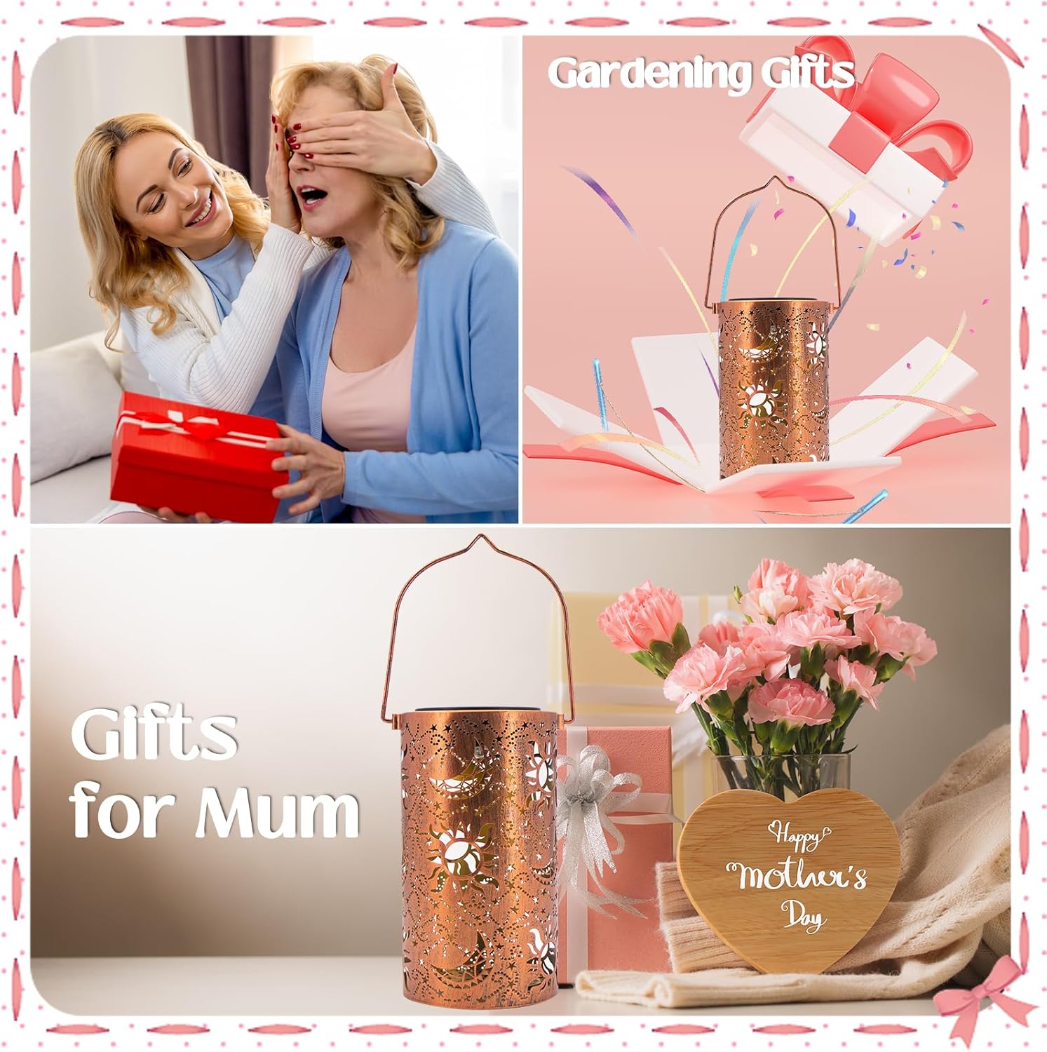 Collage of gift ideas for Mother's Day with a woman receiving a gift, gardening gifts, and a copper lantern with flowers.