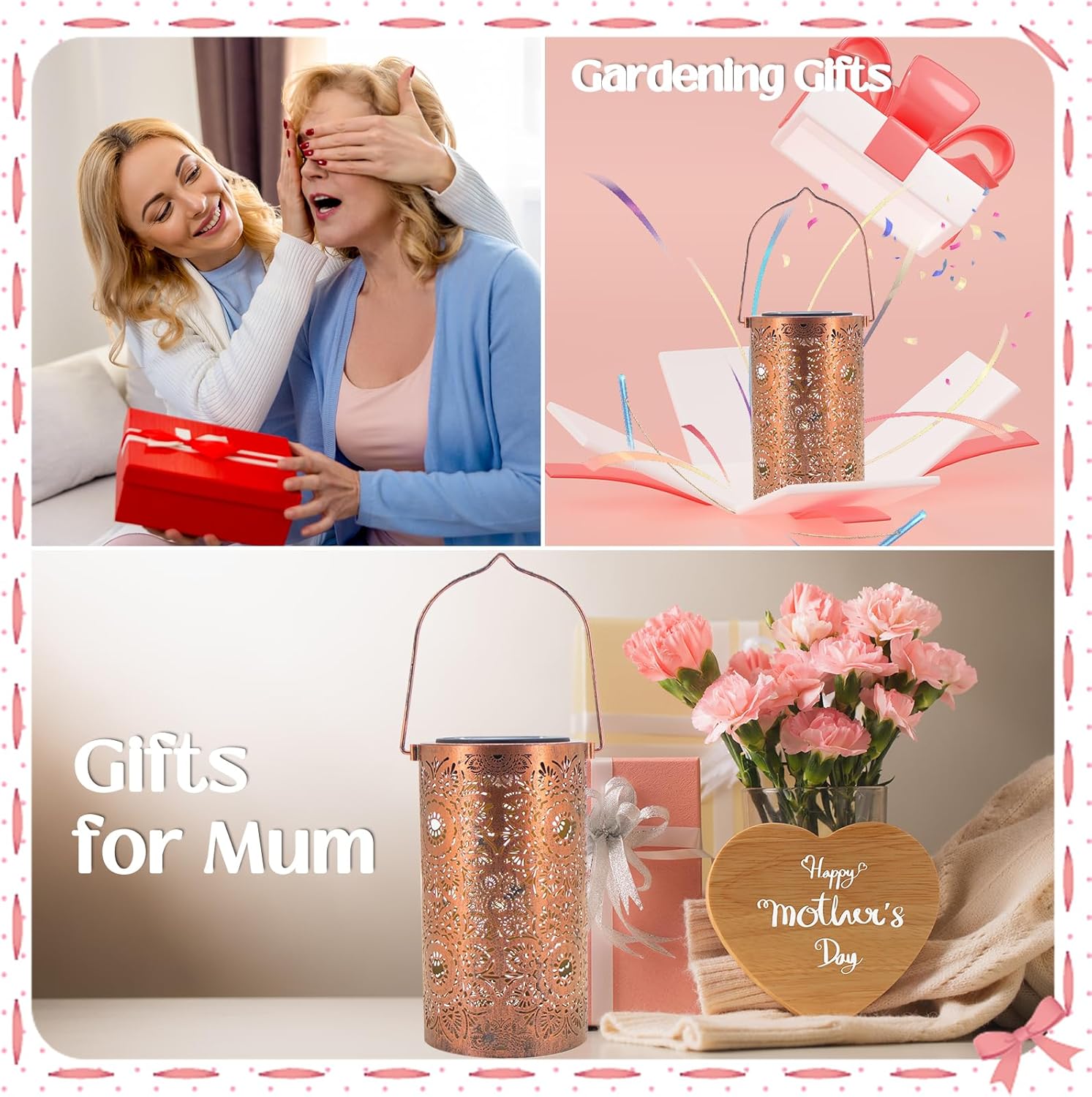 Collage of gift ideas for Mother's Day with a woman receiving a gift, gardening gifts, and decorative items.