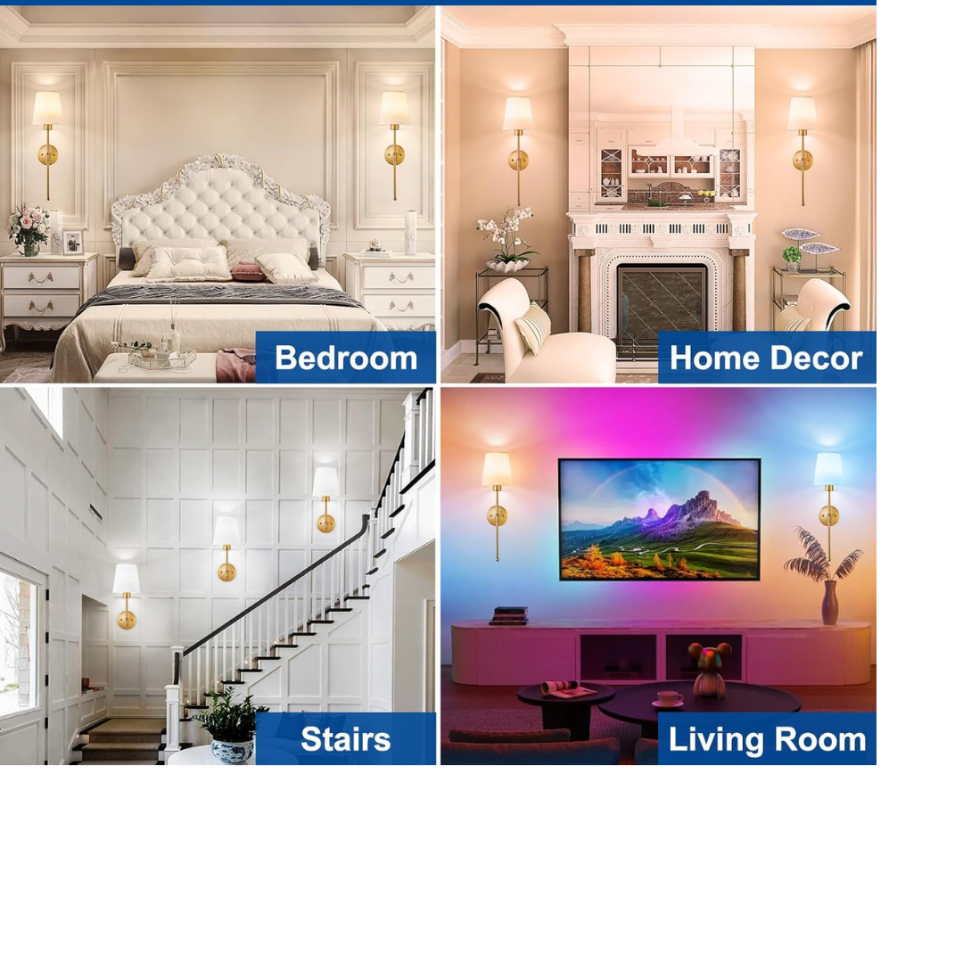 Collage of home decor elements including a bedroom, home decor items, stairs, and a living room with a TV.