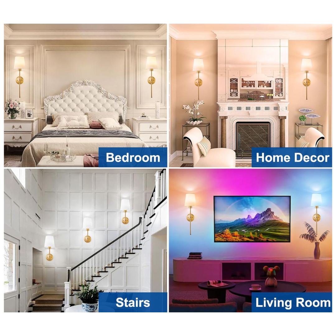 Collage of home decor scenes including a bedroom, living room, and staircase with lighting fixtures.