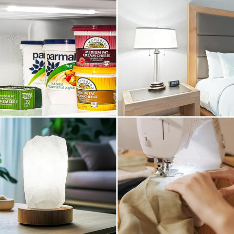 Collage of images including Parmalat products, a bedroom setup, a salt lamp, and sewing.