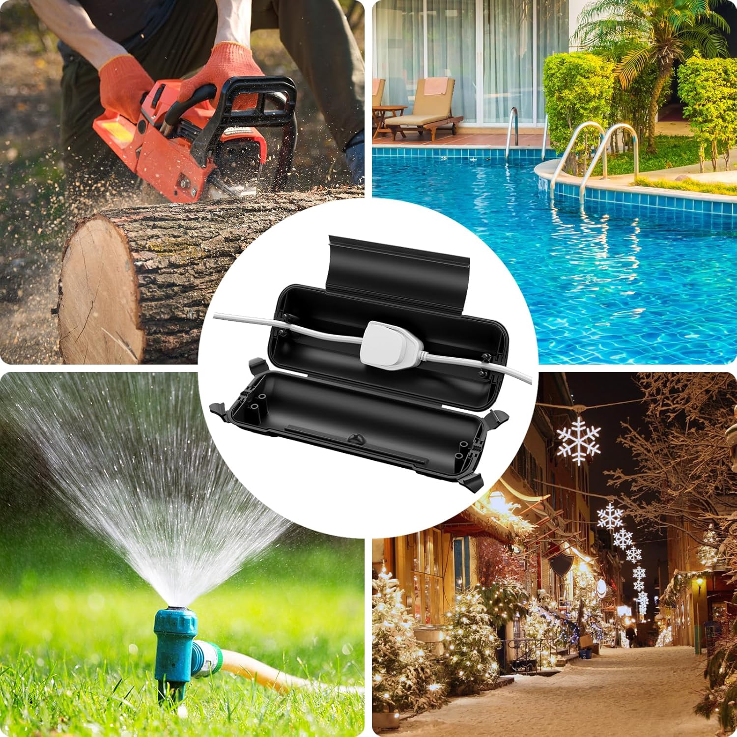 Collage of images including a chainsaw, pool, sprinkler, and Christmas lights.