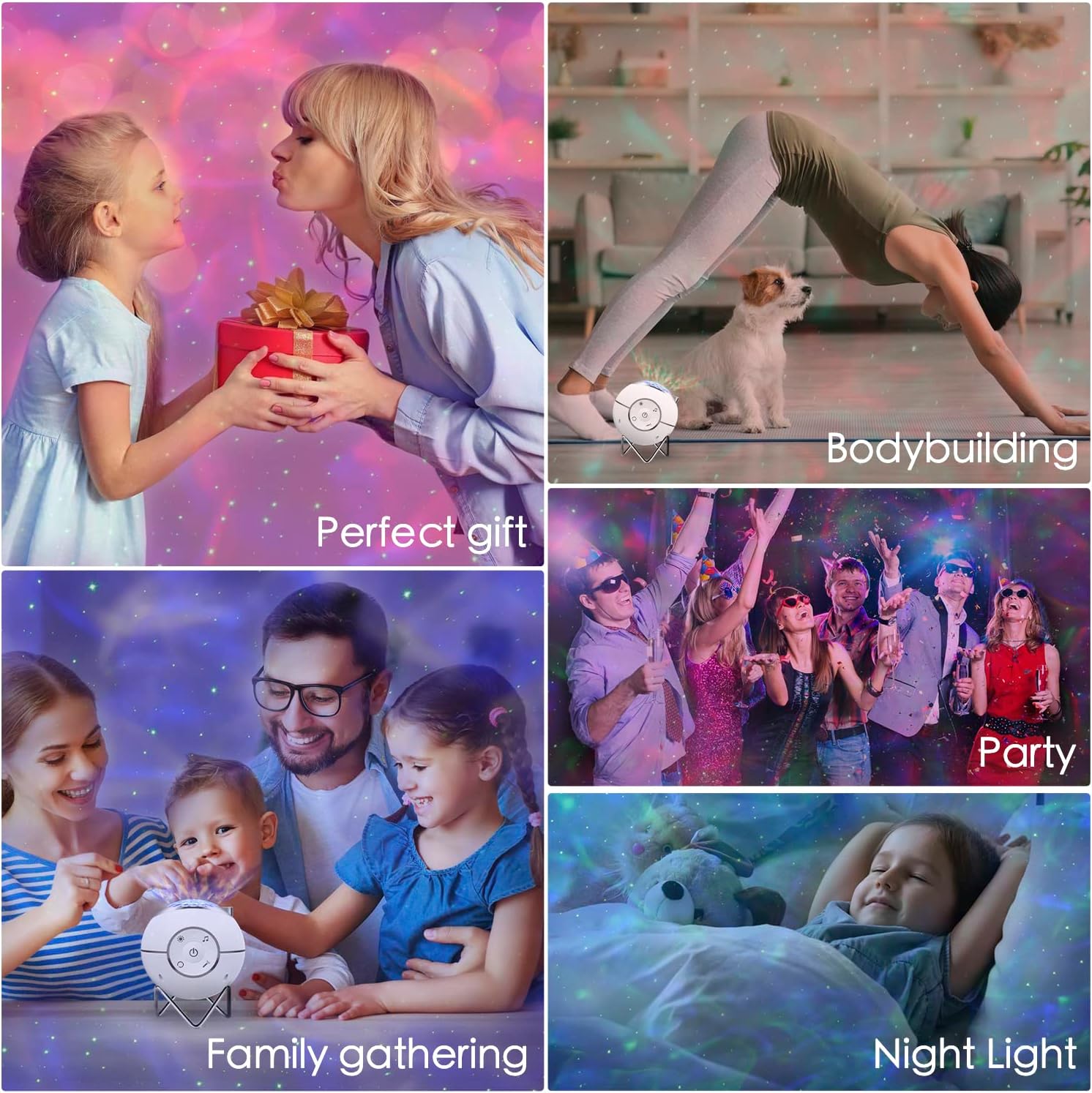 Collage of images including a girl and woman with a gift, a person exercising, a family with a baby, people at a party, and a child with a night light.
